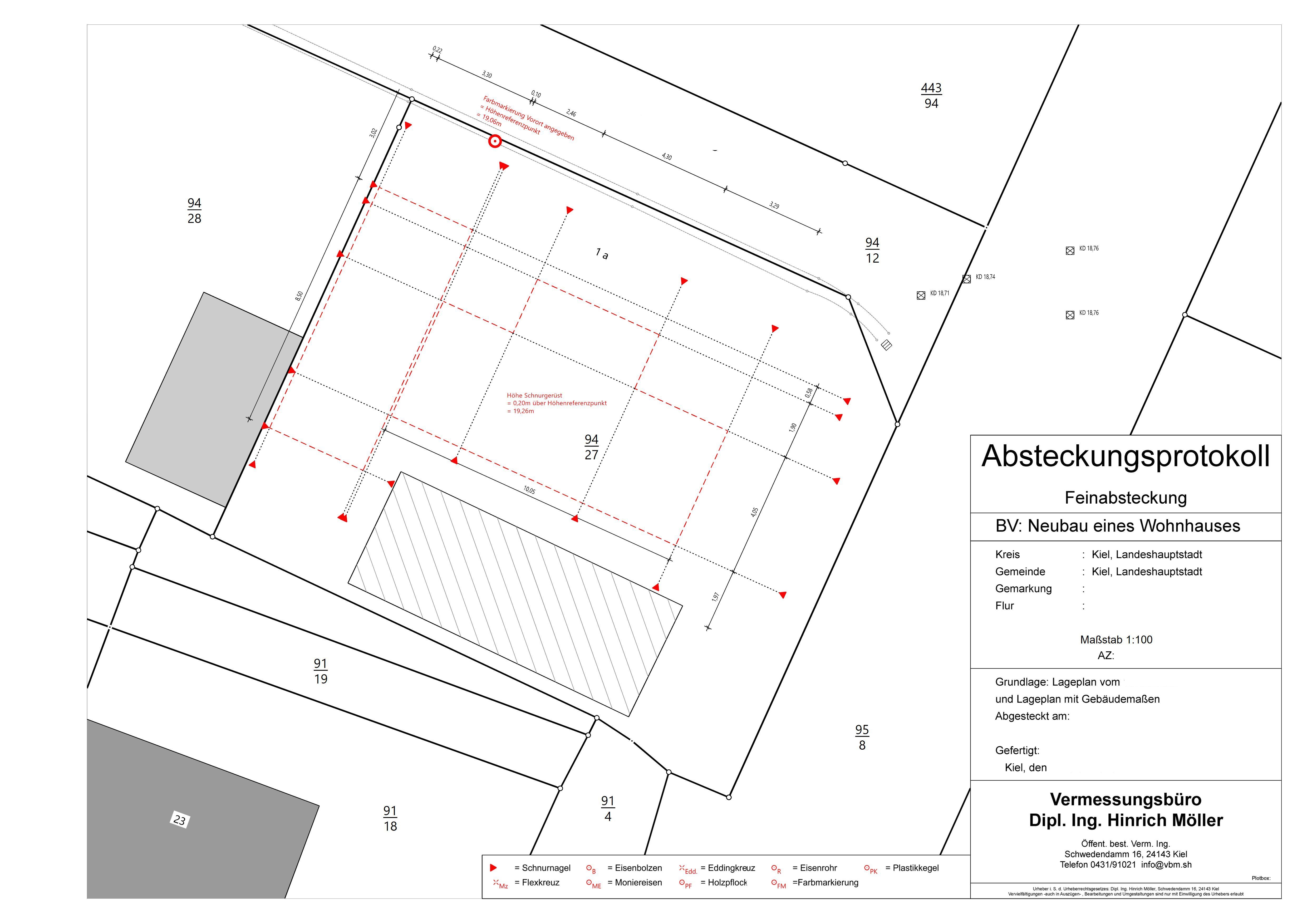 Absteckpflöcke und Markierungen für einen Neubau auf dem Baufeld