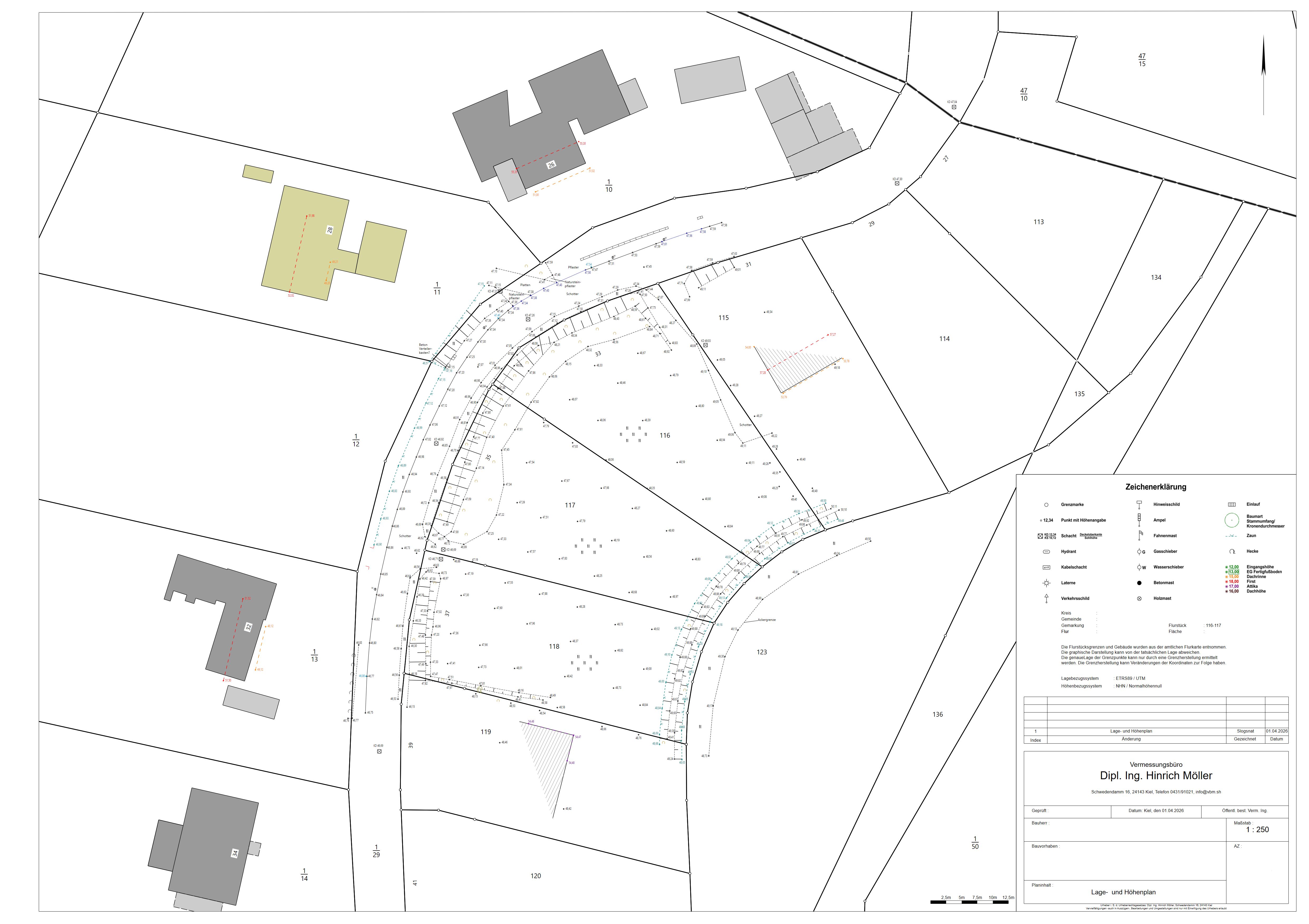 Lage- und Höhenplan mit Höhenkurven, Gebäuden, Wegen und topographischen Informationen