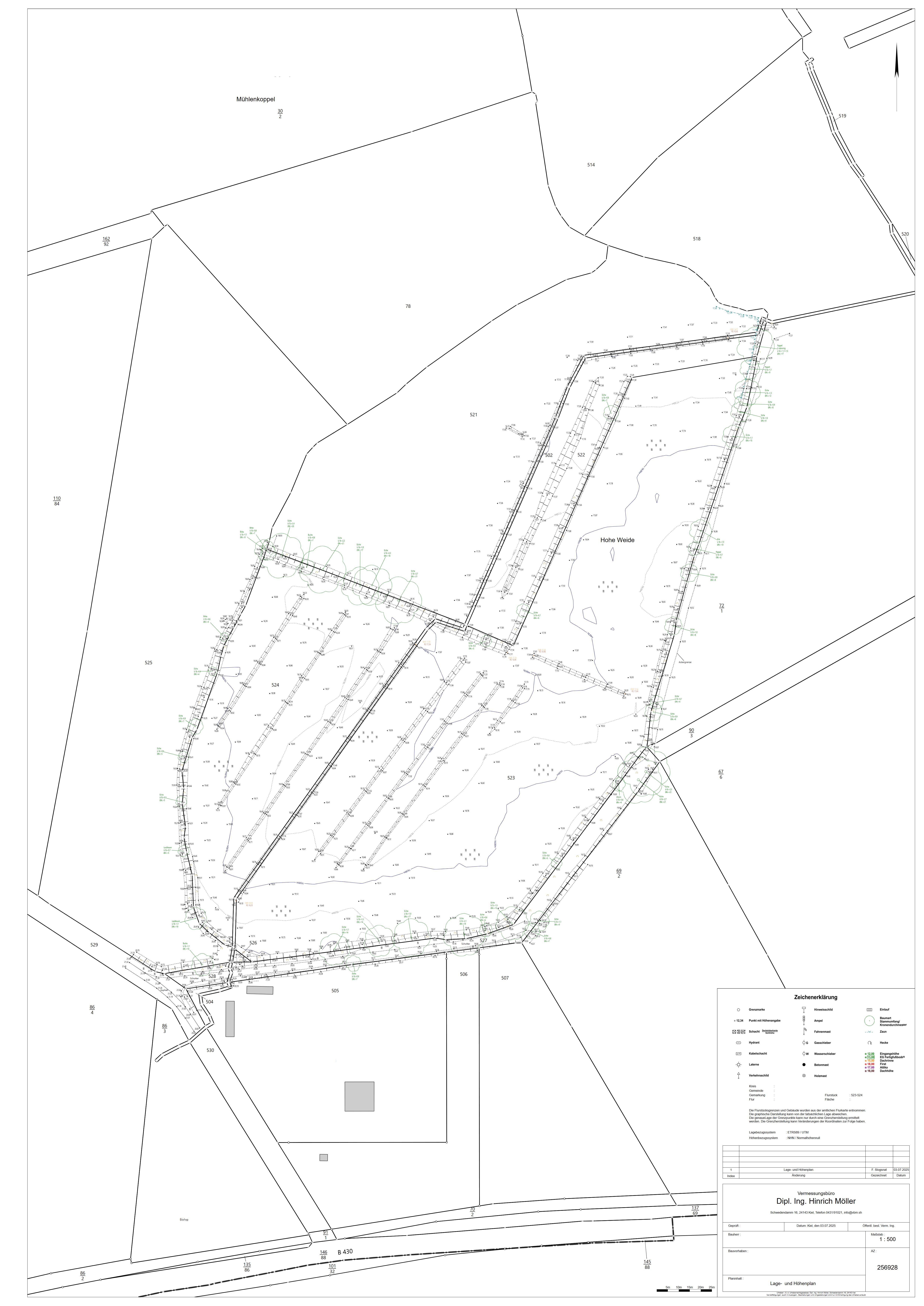 Topographische Planungsunterlage als Bebauungsplan-Grundlage mit Katasterdaten, Höhenkurven und Geländeinformationen